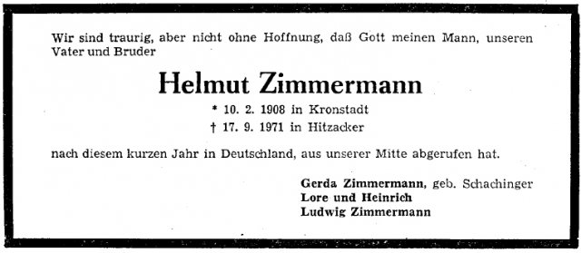 Zimmermann Helmut  1908-1971 Todesanzeige